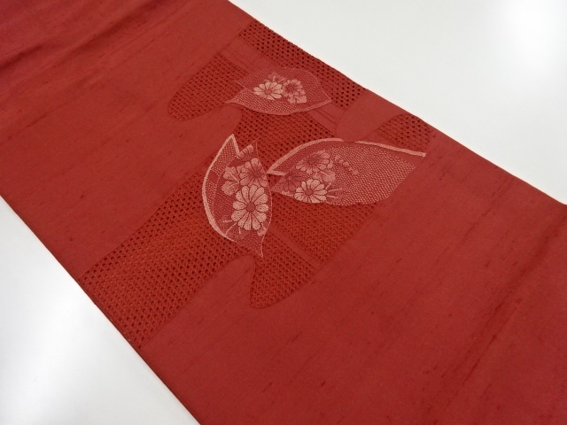 リサイクル　節紬汕頭蘇州刺繍　木の葉に菊模様名古屋帯